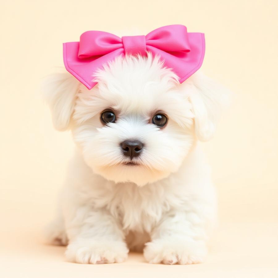 Freshly groomed white puppy with a pink bow