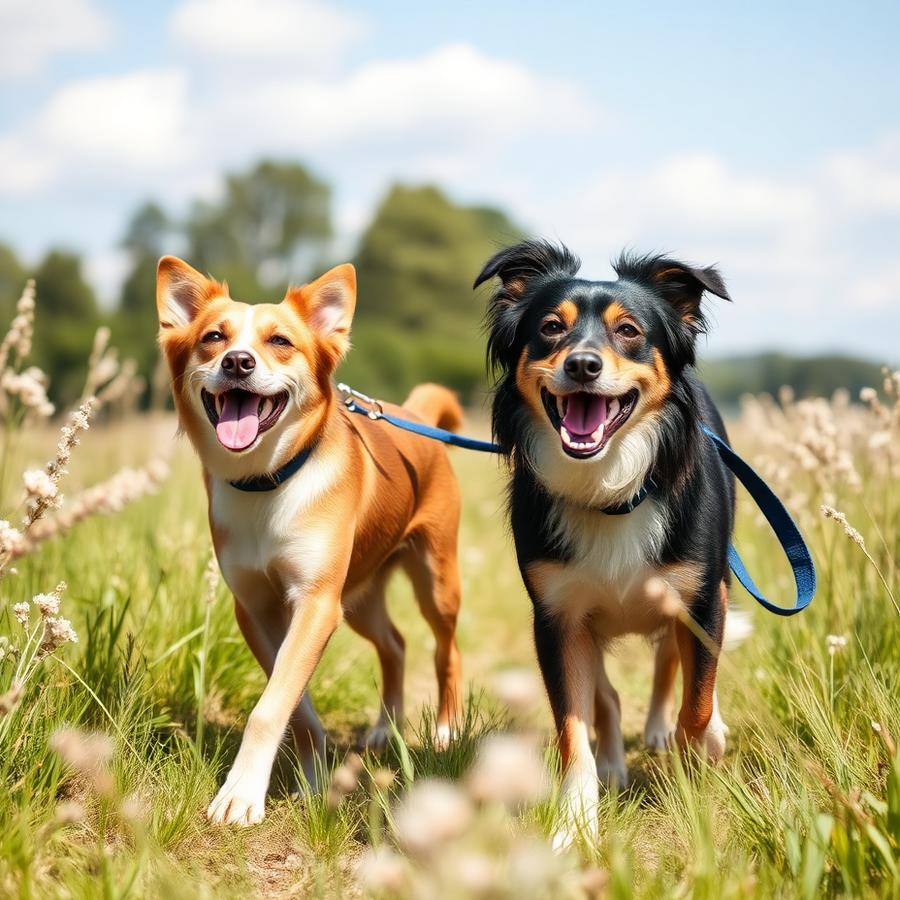 Two happy dogs on a group walk in a sunny meadow