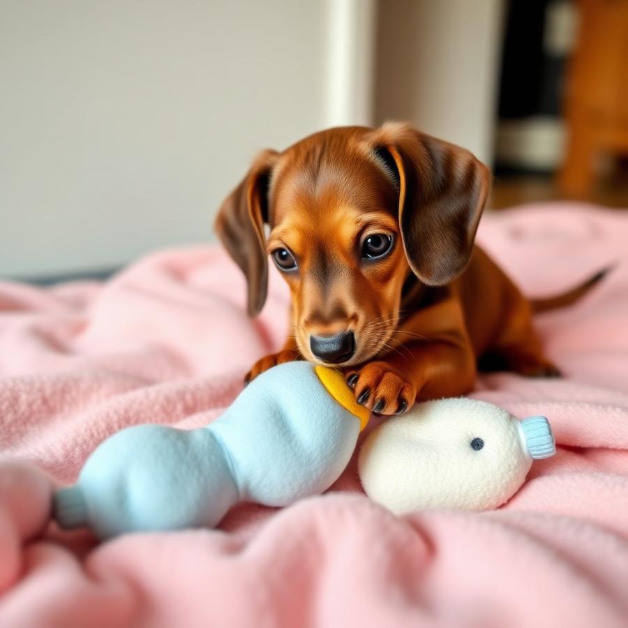 Dachshund puppy playing with a soft toy