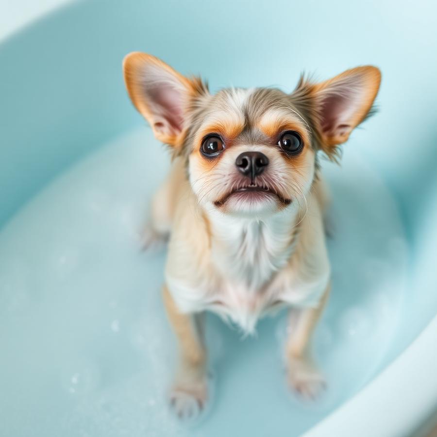 Small dog enjoying a gentle bath during grooming