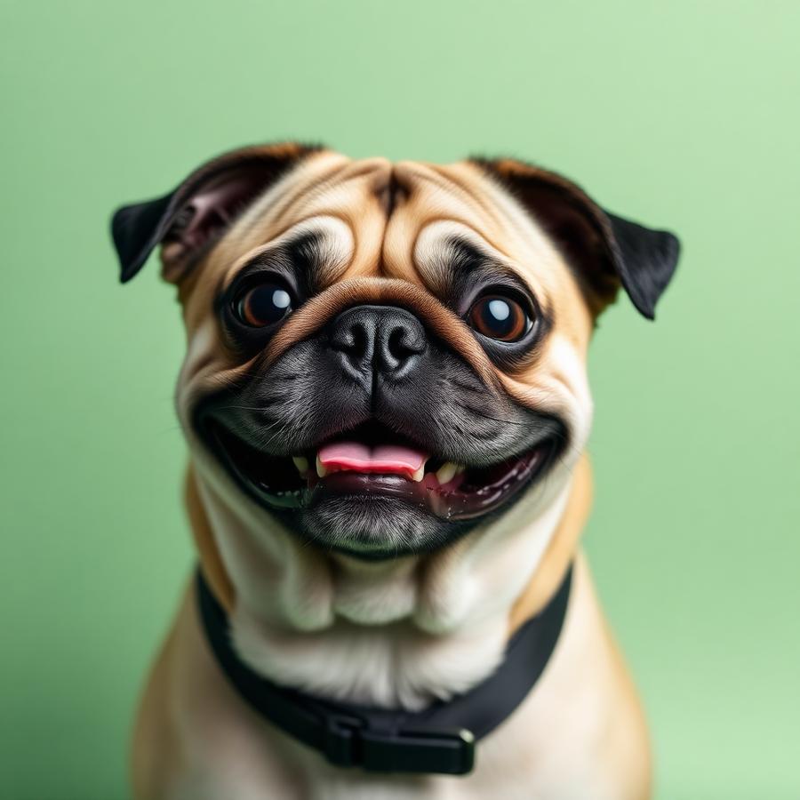 Smiling pug portrait on a sage green background